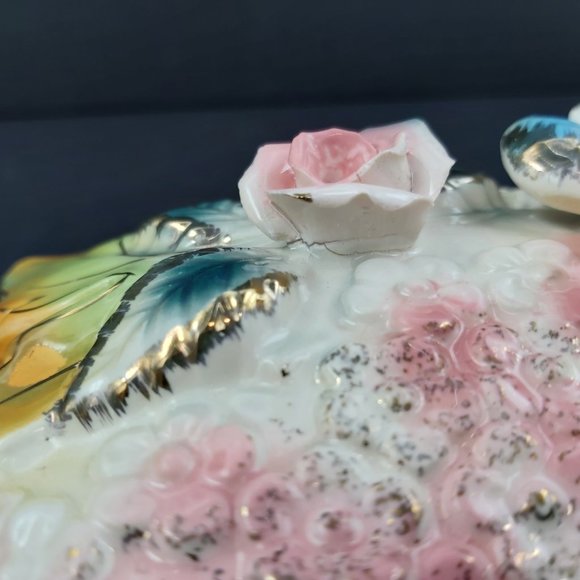 Porcelain Jewelry Trinket Box Gold Gilded with Matching Trays Bird Flower Leaves - Picture 7 of 16